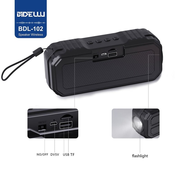 Solär Bluetooth-högtalare Bärbar utomhushögtalare med Bluetooth med multifunktionell utomhusficklampa Stereoljud（Svart）