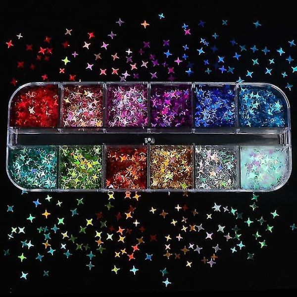 12SJX Holografiskt nagelkonstglitter 3d färgglada flingor