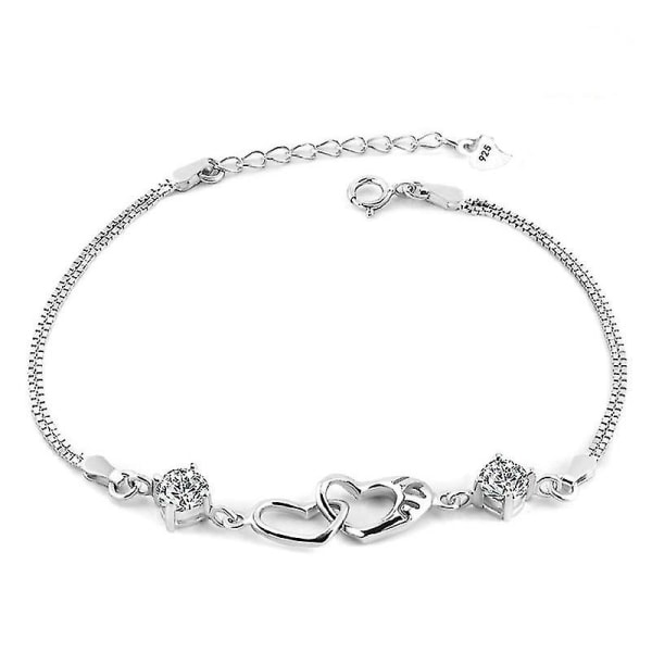 S925 Sterling Sølv Dobbelt Hjerte Interlocking Armbånd Kvinders Mode