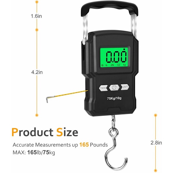 Bärbar elektronisk våg, 165lbs/75kg LCD-bakgrundsbelyst digital fiskvåg, krok hängande våg med måttband, bärväska och 2AAA-batterier