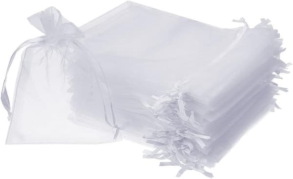 Mesh-smyckespåsar med dragsko, 100-pack, transparenta organza-presentpåsar för bröllopsfest och julklappar, storlek 3\" x 4\" (vit)