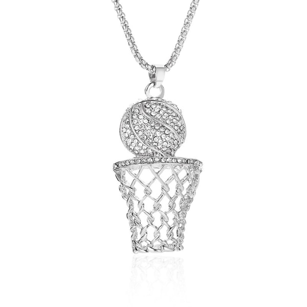 2023 Ny Uppgraderad Guldpläterad Basketkorg Halsband Hänge med CZ Diamant Inläggning för Män, Sport och Hip Hop Mode Smycken（Silver）