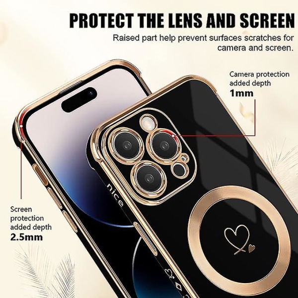 (svart) veske til Iphone 14 Pro Max,] Søt hjerteform magnetisk veske med gullbelagt kant, støtsikkert silikonetui