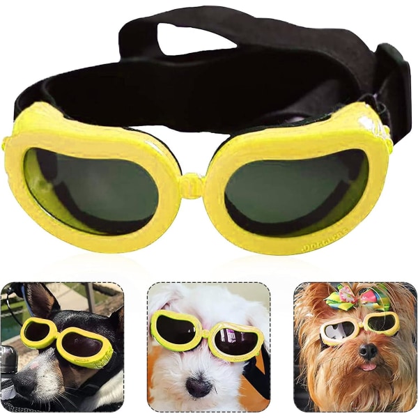 Hunde solbriller, hunde briller, UV-beskyttelse hunde briller, vandtætte hunde briller, sammenklappelige hunde briller, vindtætte, anti-tåge (gul)