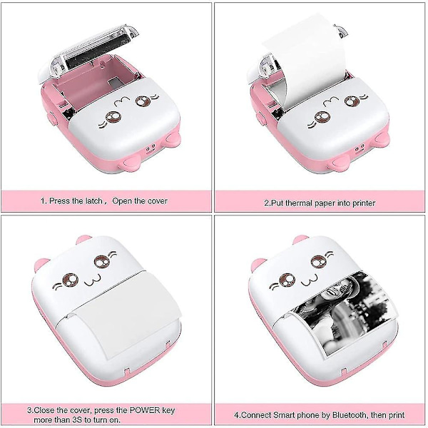 Børns fødselsdagsgave lomme mini printer bærbar Bluetooth termisk printer med 9 ruller trykpapir trådløs etiket（pink）