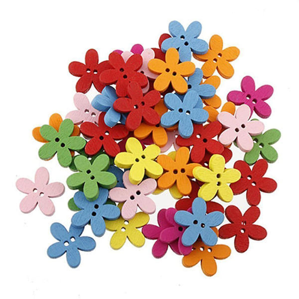 100 stycken färgglada blommor platt rygg träknappar Sy Scrapbooking Craft som visas på bilden)