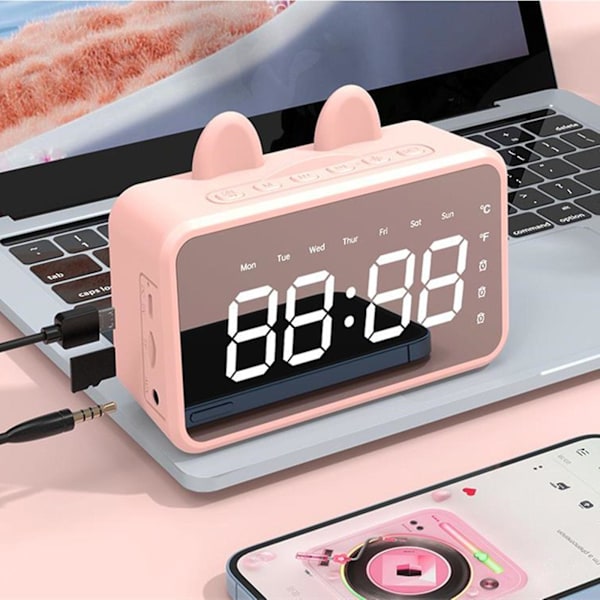 Bärbar högtalare med digital klocka Bluetooth-högtalare med USB-laddning Bluetooth V5.0 Även & AUX-kabel（Rosa）