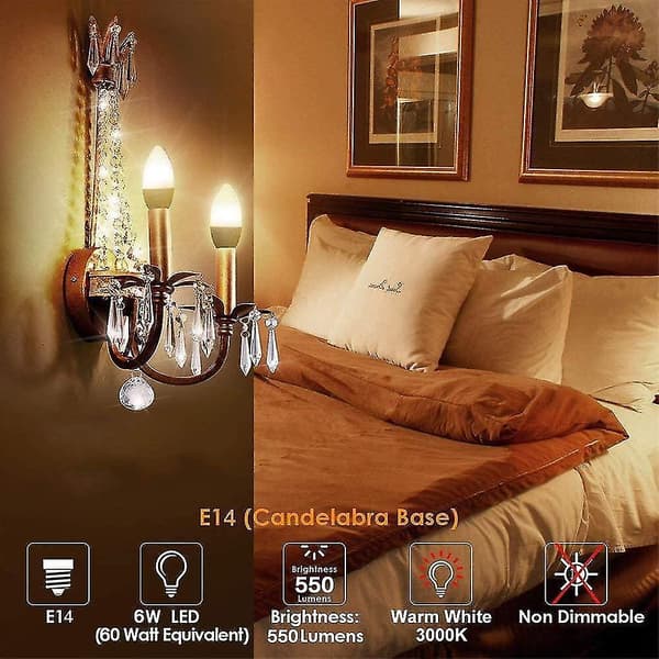 E14 LED-lampa, varmvit 3000k, C37 LED 6w 6-pack