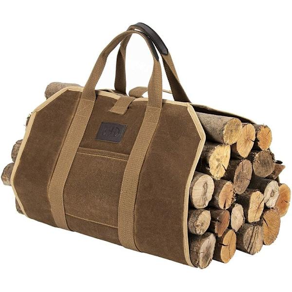 Vedkorg i vaxad canvas, 20 oz, robust väska med handtag för camping inomhus och utomhus, brun