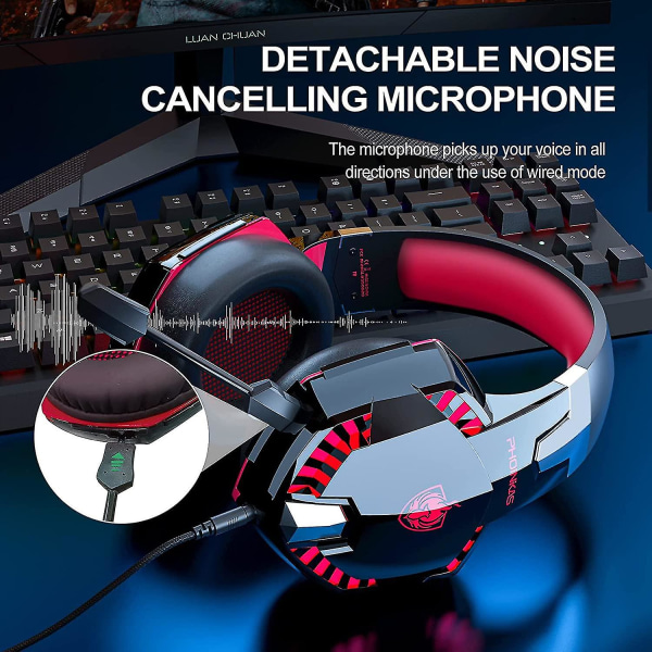 Bluetooth trådløs hovedtelefon med mikrofon, ps4 gaming headset til pc, Xbox One, PS5（Rød）