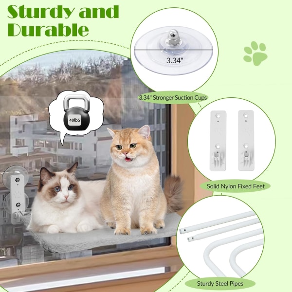 Sammenleggbar trådløs kattevindu hengekøye med 4 sugekopper, tosidig trekk, metallramme, grå
