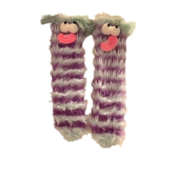 Dame julesokker Varme hyggelige Fluffy Cartoon Monster Sokker, Fuzzy Hyggestrømper（lilla）