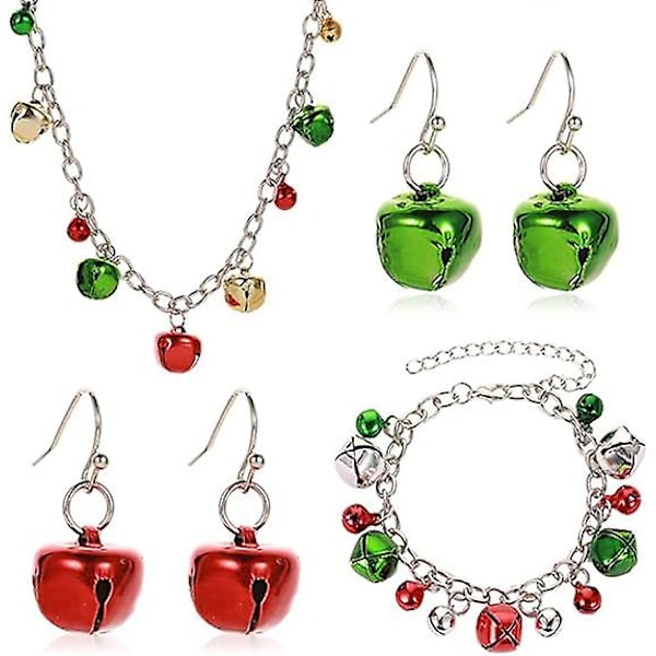 Christmas Jingle Bell Necklace Bracelet for Women Girls Cute Green Red Christmas Bell Dangle Earrings Friends Family Xmas Party Jewelry Gift Set