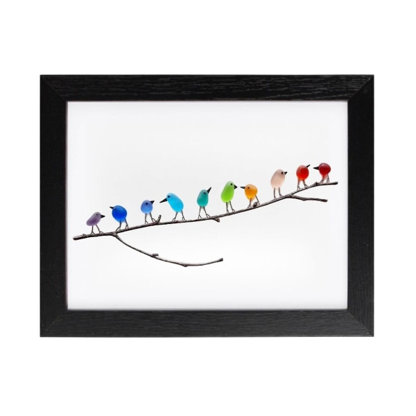 Sea Glass Rainbow Birds -kehystetty ainutlaatuinen käsintehty (musta)