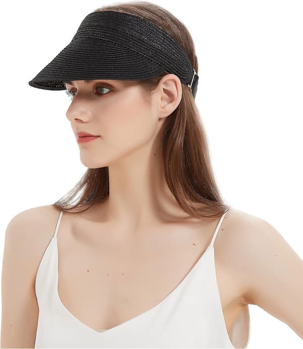 Kvindernes Roll Up Foldable Solhat Bred Skygge Halm Strand Cap Loop Lukning og Justerbar Golf Visor-Sort