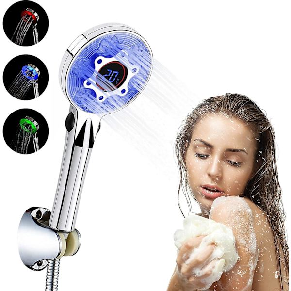 LED brusehoved, 3 farver brusehoved med temperaturvisning, badeværelsesbrusehoved, vandbesparende brusehoved, brusehoved til badekar, Uni