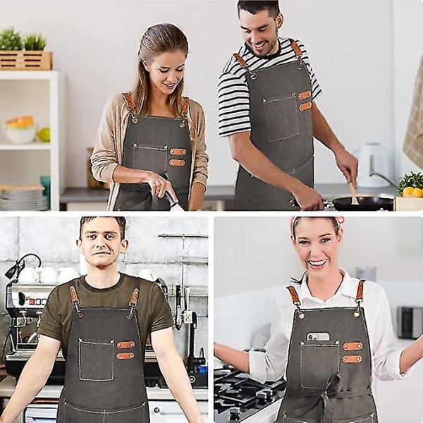 Grillförkläde för män, matlagningsförkläde i canvas med fickor och justerbart bälte, lämplig för köksgrill, handgjord bakning（svart）