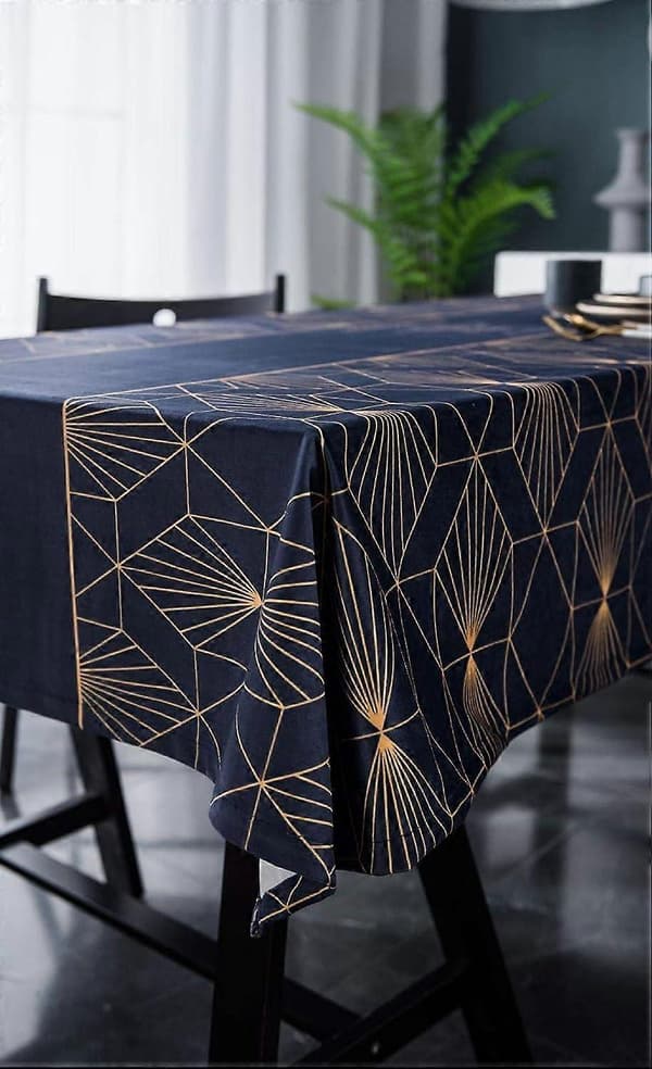 Blå rektangulär bordsduk i sammet, guldmönstrad bordsduk i tryckt polyester, restaurangbordsduk, julbordsduk, 140x200cm
