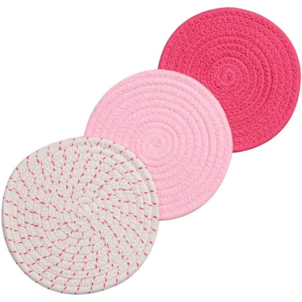 Rosa 3-delars set: 100 % bomullssnöre flätad grytunderlägg set, 7\" diameter
