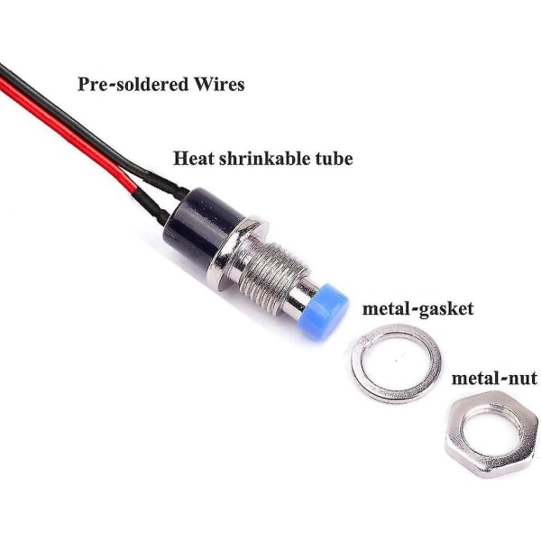 Momentan tryckknappsbrytare, mini-knappbrytare med förlödda 20awg-trådar, spst 2-polig på/av tryckknappshornsbrytare för bil, PC, bordslampa (10 st