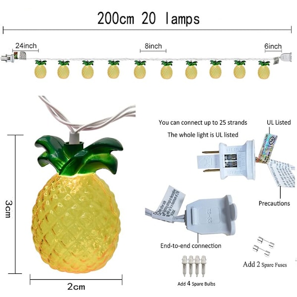 Ananas ljusslinga, 6,5 fot, utomhus, sommar uteplats, batteridriven, semester, trädgård, sovrum, varmvit