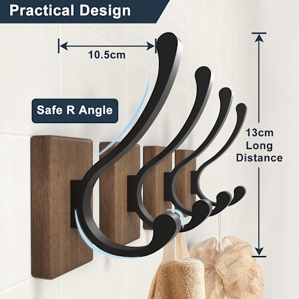 T-Audace - 4 stk. veggkroker i tre for hatter, nøkler, håndklær, lommebøker, stuedekorasjon, bad, soverom, kjøkken, garderobe
