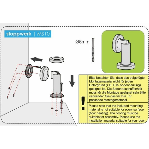 Magnetisk dörrstopp MS010 i rostfritt stål utseende Dörrstopp med golv- och väggmonteringsmaterial, ø: 5 cm, h: 8,4 cm