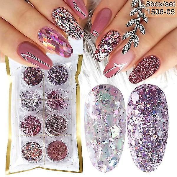 1506 05 Mix Glitter Nail Art Powder Flakes Set Holografiska Paljetter För Manikyr