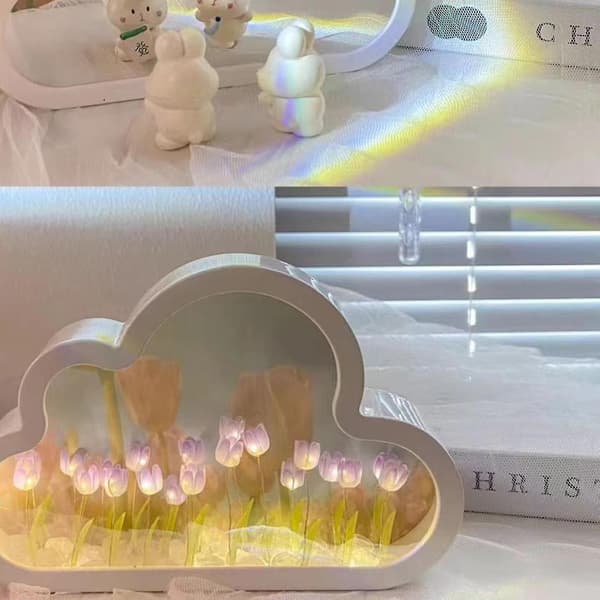 Cloud Mirror Tulip Lamp, Hand Craft Diy Tulips Mirror Night Light Tw（Lila）
