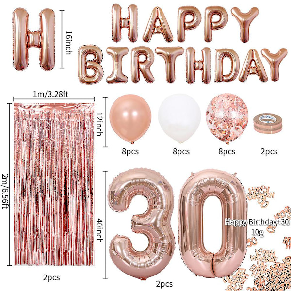 Dekoration Ballonger Set för Jubileum, 30-årsdag Fest Ballonger, Paljettballonger och Tofsbannér, Redo för Festdekoration (Roséguld)