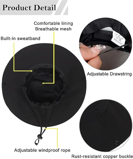 UPF 50+ Svart Vanntett Solid Sammenleggbar Strandbøttehatt med Bred Brem (Unisex)