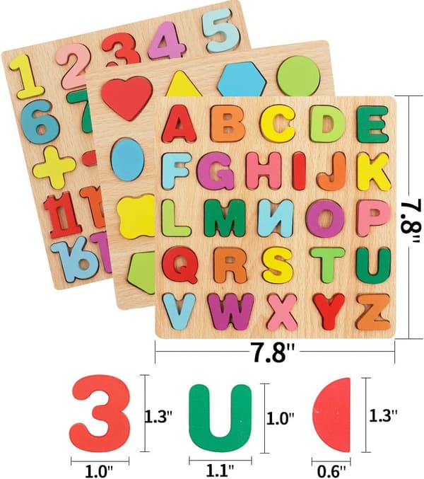 3-pack träpussel med bokstäver, siffror och former