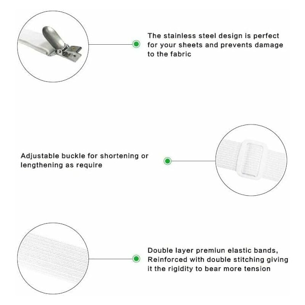 Set med 4 sängklädestillbehör justerbar lakansträckare elastisk remfäste, för lakan, soffa, strykbrädesöverdrag - 30cm till 120cm, vit