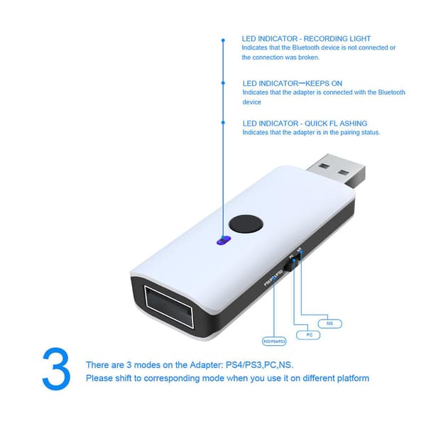 Trådlös och trådlös Bluetooth-kontrolleradapter för PS5/PS4/switch/PC/P3-värd (vit)