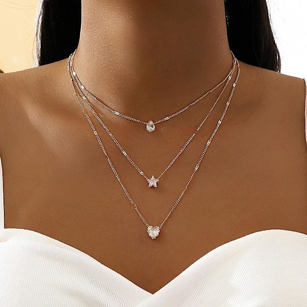 Boho Lagdelt Krystal Halskæde Kæde Krystal Tåre Choker Hjerte Vanddråber Stjerne Vedhæng Halskæde