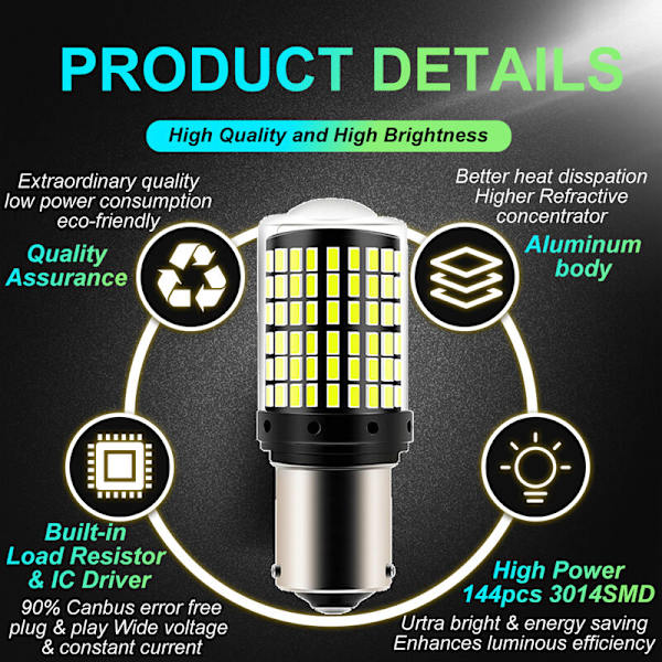 2 st 1156 BAU15S PY21W LED-lampor 144smd CanBus-lampa Backljus Blinkers (gult ljus, 2 st)
