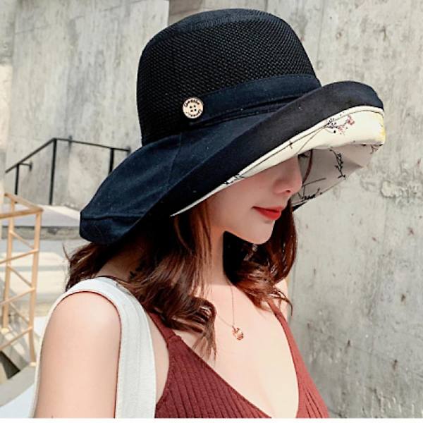 Hatt, Mors dag Dam bomull bred brätte solhatt tråd kant sommar UV-skydd Upf Boho hatt för strand vandring trädgård (Svart)