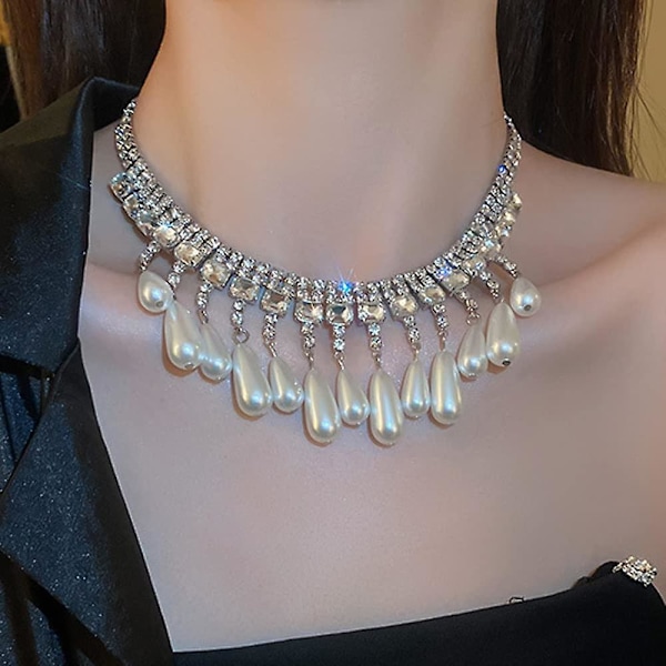 Sølv Perle Dråbe Vedhæng Unikke Rhinestones Halskæde Lang Kæde Fest Bryllup Choker Smykker til Kvinder og Piger