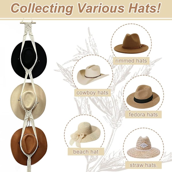 Macrame hattgalgar hatt hållare för vägg bohemisk kvinnor hatt rack hatt arrangör för vägg hängande hatt rack dekorativ kepshållare för bred brätte keps