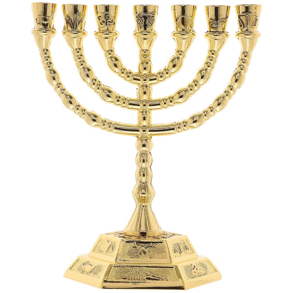 Lysestage lysestage 7-grenet lysestage metal religiøs lysestage tempel lysestage (13X10,5X7CM, guld)
