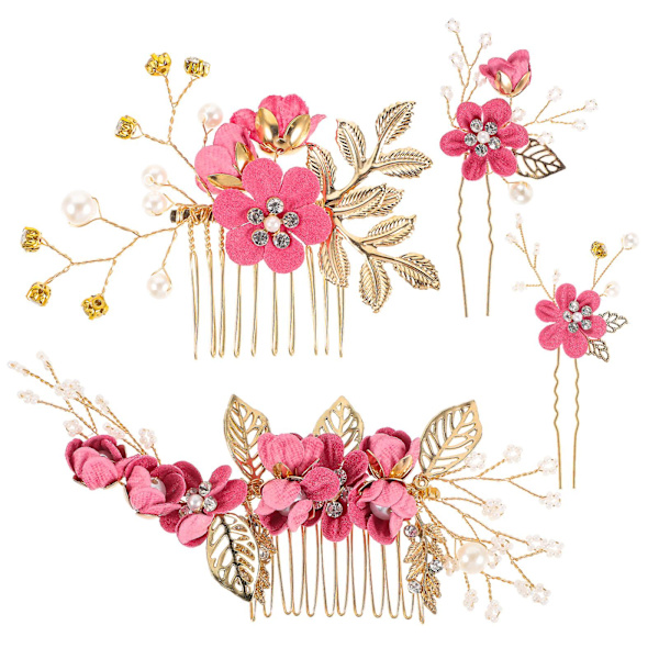 4-delad bröllopshandgjord mode hårkam set blommig brudhuvudband håraccessoarer strass bröllopsklänning accessoarer (lila, ros)