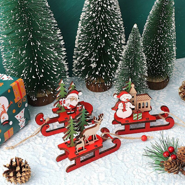 3 st jultomte-släde dekorationer i trä, jultomte, snögubbe, älg, bordsdekorationer, festivalhem, festdekorationer för jul, barnpresenter