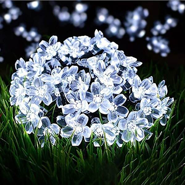Utomhus solcellslampor Sakura, 50 LED, 7M, 8 lägen, färgskiftande ljusslinga för trädgårdsträd, fester, bröllop (vit)
