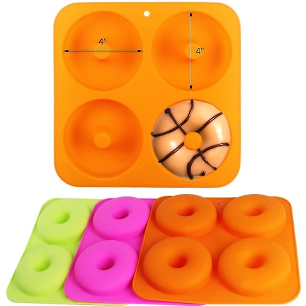 3 stk. 4 tommer donut bageform i fuld størrelse, non-stick silikoneforme, donutbakker, 3 farver