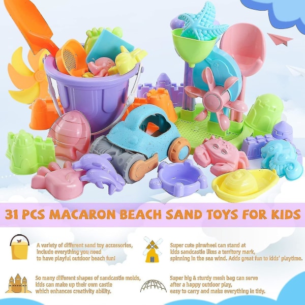 Strandsandleker for barn - 31 stk. sandkasselekesett for barn 3-10, sandslottleker med vannhjul, bøtte, spadeverktøysett, vindmølle