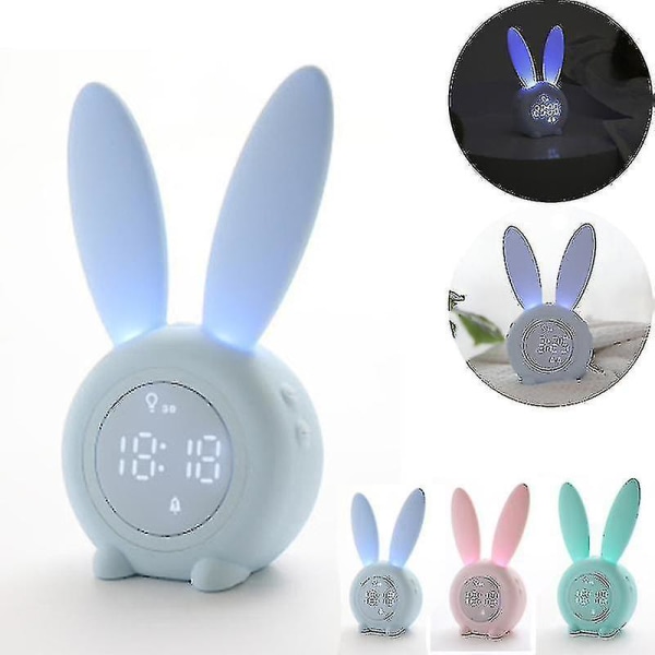 Digital väckarklocka för barn, söt kanin, nattlampa för barns sovrum, multifunktionell väckarklocka (blå)