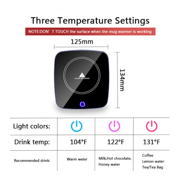 Koppvärmare, Elektrisk kaffekoppsvärmare med 3 temperaturinställningar (104℉, 122℉ till 131℉), Touch Sensor Kaffe Värmare för Te, Kaffe, Mjölk (Svart)