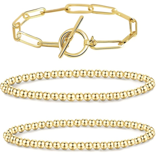 Heytea 5 st 14k guldpläterad pärlkularmband Guldpärlarmband för kvinnor Stapelbar stretchig elastisk armband Smyckengåvor 3st(2 pärlor+ 1 länk)