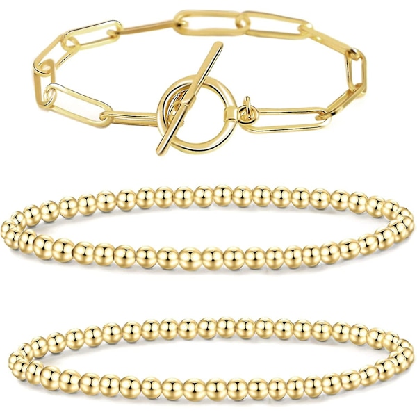 Heytea 5 stk. 14k forgyldt perlekuglearmbånd, guldperlearmbånd til kvinder, stabelbart, elastisk armbånd, smykker, gaver 3stk (2 perler + 1 led)