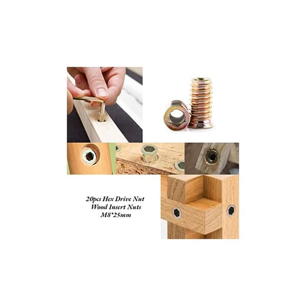20 st Hexmutter Maskinskruv M6/M8/M10 Zinklegering Möbel Hex Driv Muttergängad Insats Trä Insatsmutter Sortiment (M8×25mm)